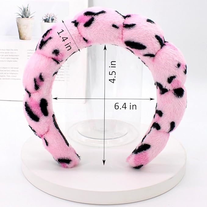 Spa Headbands for Washing Face or Makeup, Sponge Bubble Skincare Headbands, Puffy Terry Cloth Hairband for Women, Skin Care Makeup Headwear Hair Accessories for Girls (Leopard Pink)