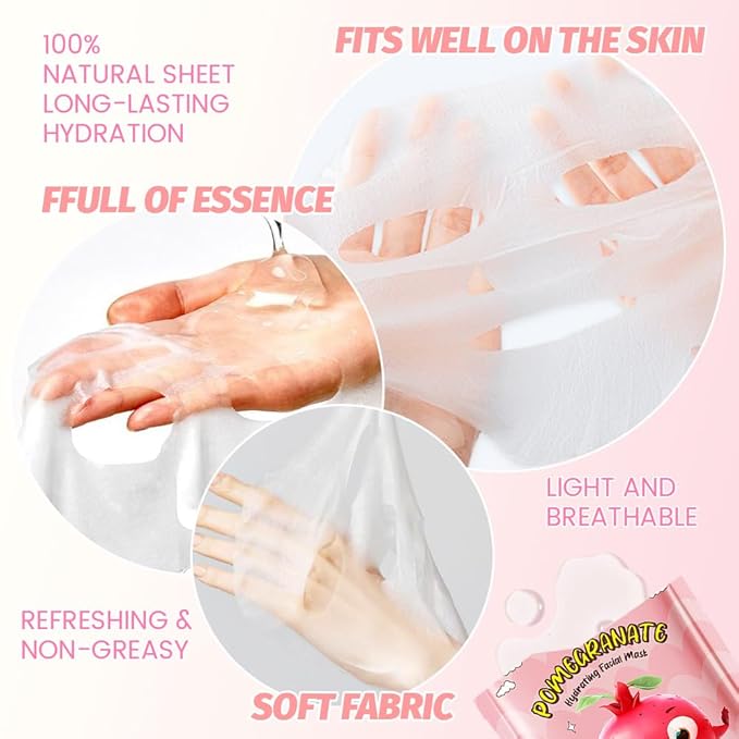 12 Pack Kids Face Masks for Kids Girls Spa, Girls Kids Facial Spa Day Slumber Sleepover Birthday Party Favors Supplies Kit for Girl, Kid Friendly Facial Face Masks Bulk Skincare for Kid, Pomegranate