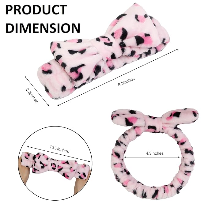 Huachi Pink Leopard Soft Microfiber Spa Headbands for Women Washing Face, Cute Skincare Headband with Bow, Face Wash Headbands for Teen Girls, Party Favors Bow Hair Band