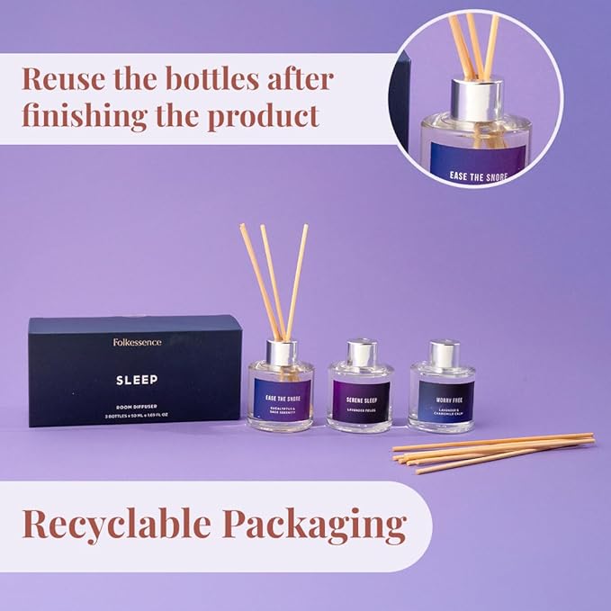 Folkulture Reed Diffusers for Home, Set of 3-5 oz | Sleep Diffuser Oil with Sticks for Bathroom Decor Accessories, Living Room, Office, Desk| Natural Essential Oils | Housewarming Gifts | Lavender