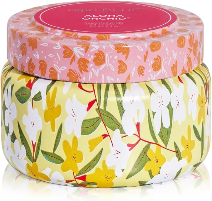 Capri Blue Scented Candles for Women & Men - Pattern Play Travel Tin Small Candles - Soy Wax Blend - Luxury Home Decor with Notes of Orchid, Jasmine, Gardenia & Floral Musk (Aloha Orchid, 8.5 oz)
