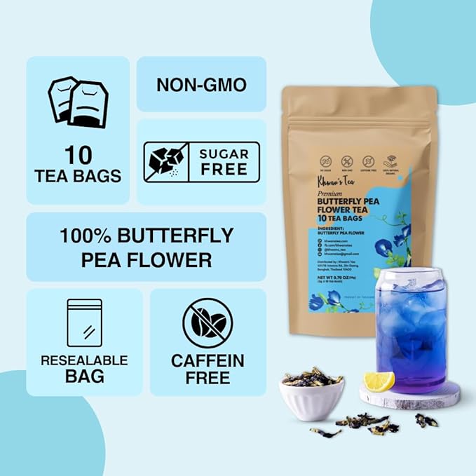 Khwan's Tea Butterfly Pea Flower Tea - Premium Herbal Tea Butterfly Pea Flower For Blue & Purple Natural Food Coloring, No Caffeine Tea, Sourced From Thailand