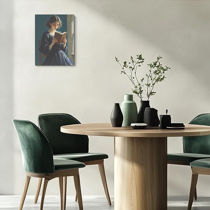 Classical Reading Woman Portrait Wall Art, Renaissance Style Vintage Oil Painting Canvas Framed Prints Decor, Retro Poster for Library Bedroom Book Shelf Living Room Entryway Aesthetic.