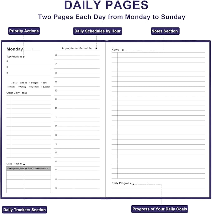 Daily & Monthly Planner for 2025 2026 or Anytime - ADHD Planner Two Pages Per Day, Daily Planner Undated to Increase Focus, Eliminate Overwhelm, Achieve Your Biggest Goals, 5.8'' × 8.3'', Purple