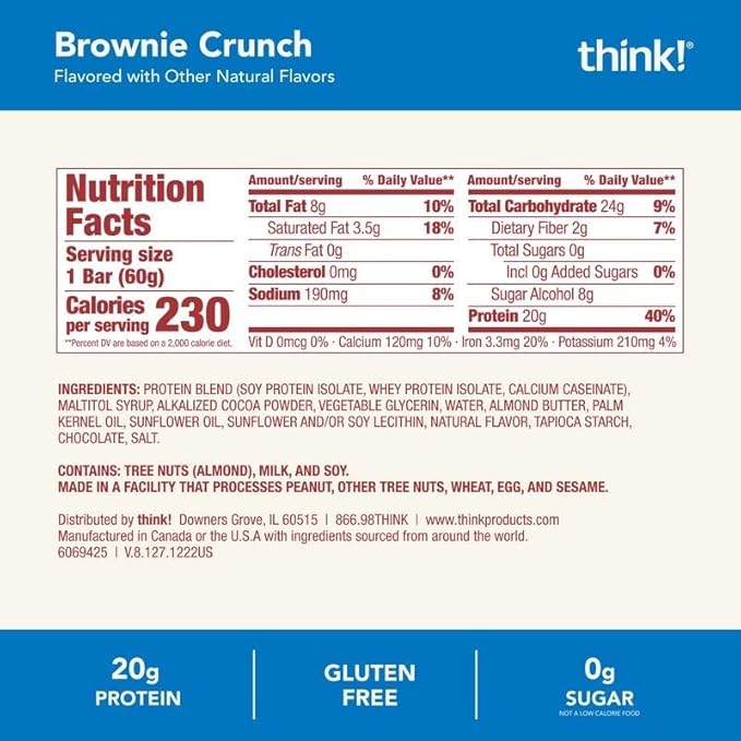 think! Protein Bars, High Protein Snacks, Gluten Free, Sugar Free Energy Bar with Whey Protein Isolate, Brownie Crunch, Nutrition Bars without Artificial Sweeteners, 2.1 Oz (12 Count)
