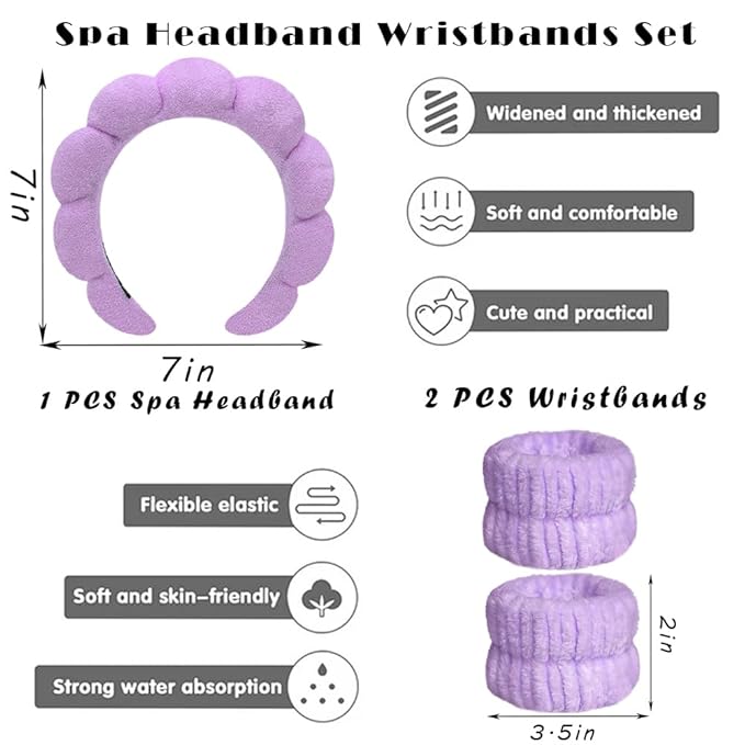 Spa Headbands for Washing Face Wristband Set Sponge Makeup Skincare Headband Wrist Towels Bubble Soft Terry Towel Cloth Hairband for Women Puffy Headwear Non Slip Thick Thin Hair Headwear (Purple)