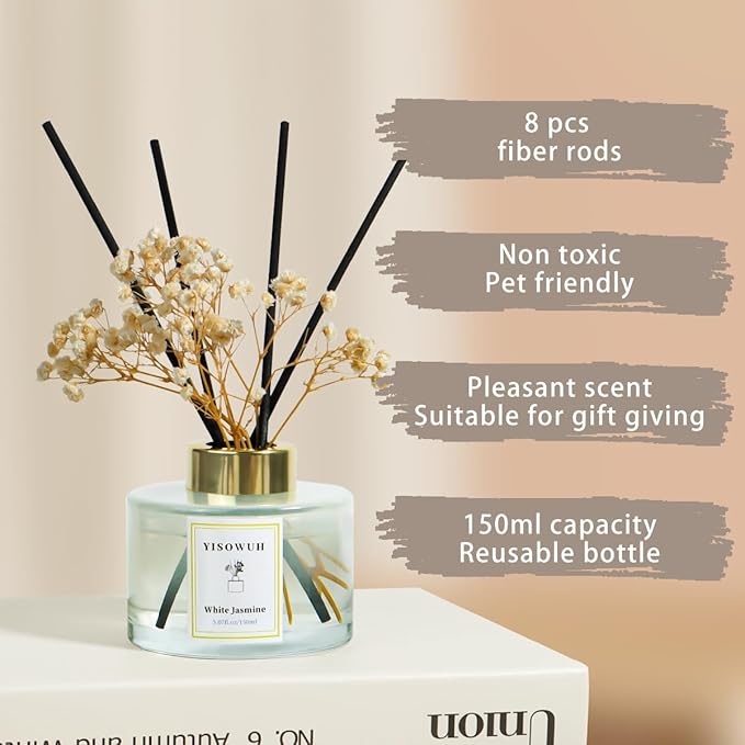 Reed Diffuser Set,5.07 fl oz (150 ml) - White Jasmine Oil Diffusers with 8 Reed Sticks,Home Fragrance Reed Diffuser for Bathroom Shelf Decor