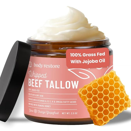 Body Restore Grass Fed Whipped Beef Tallow for Dry Skin, Face - Manuka Honey, Jojoba Oil, Christmas Stocking Stuffers, White Elephant, Birthday Gifts for Women, Men, Travel Essentials - Citrus