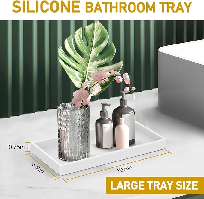 Bathroom Counter Tray,EG-SIPRO High-Grade Thickened Silicone Bathroom Vanity Tray,Shatterproof Durable Rectangle Bathroom Soap Dispenser Tray for Bathroom Countertop,White,Small+Large (EGTRAY)