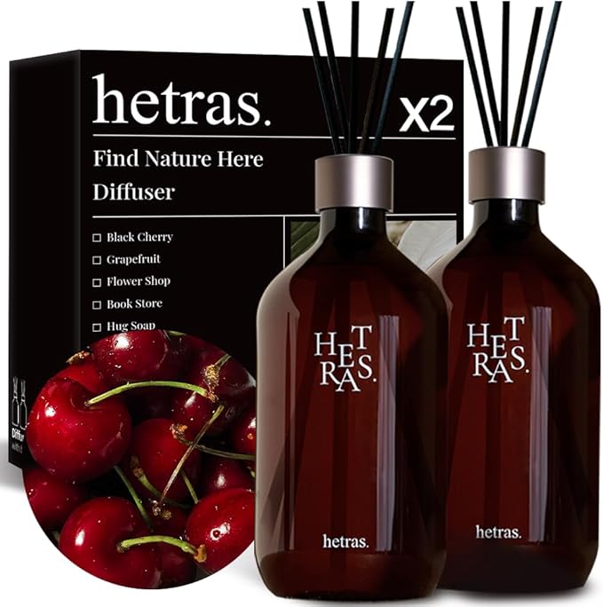 hetras Premium Reed Diffuser Set 16.9 fl.oz. 2 Pack | Black Cherry Scent | Long-Lasting Luxury Fragrance with 10 Reed Sticks for Home & Office | Gifts for Loved One