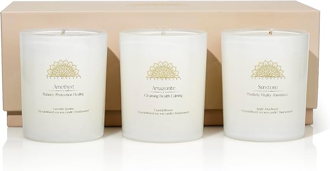 Healing Crystal Candles Gift Set for Women, 3 Pack Aromatherapy Soy Candles with Real Amethyst Amazonite Sunstone, Lavender Jasmine Coastal Breeze Scented Candles, Meditation Chakra Energy - 3.5oz