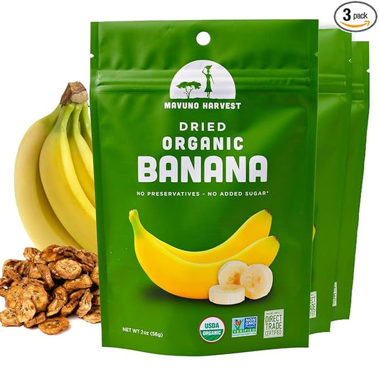 Mavuno Harvest Dried Banana Chips Fruit Snacks | Organic Dried | Healthy for Kids & Adults | Unsweetened Chips | Gluten Free | Vegan, Non GMO, Direct Trade | 2 Oz, Pack of 3