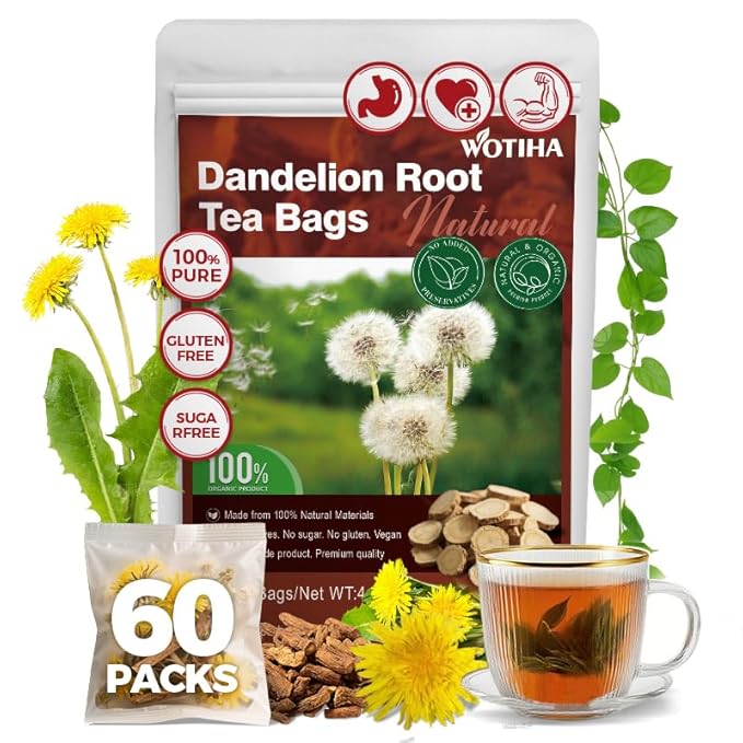 WOTIHA-Natural Dandelion Root tea 120g. 60 Herbal Tea Bags Diente de León .Non-GMO • Additive-Free • Caffeine-Free.No Gluten .Vegan