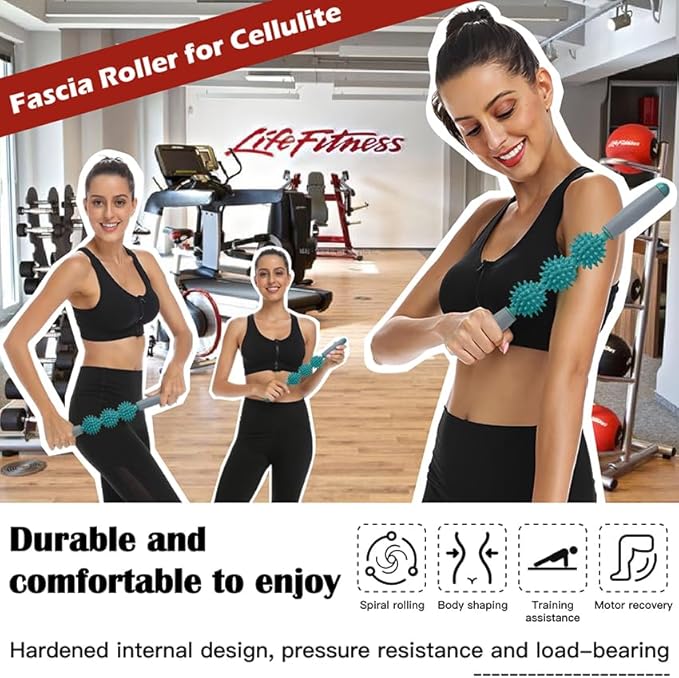 Fascia Muscle Roller, Cellulite Massager Fascia Roller for Cellulite and Sore Muscles, Neck, Leg, Back, Pressure Trigger Point Body Roller Deep Tissue Massage Stick Tools - 3 Massage Balls | Green