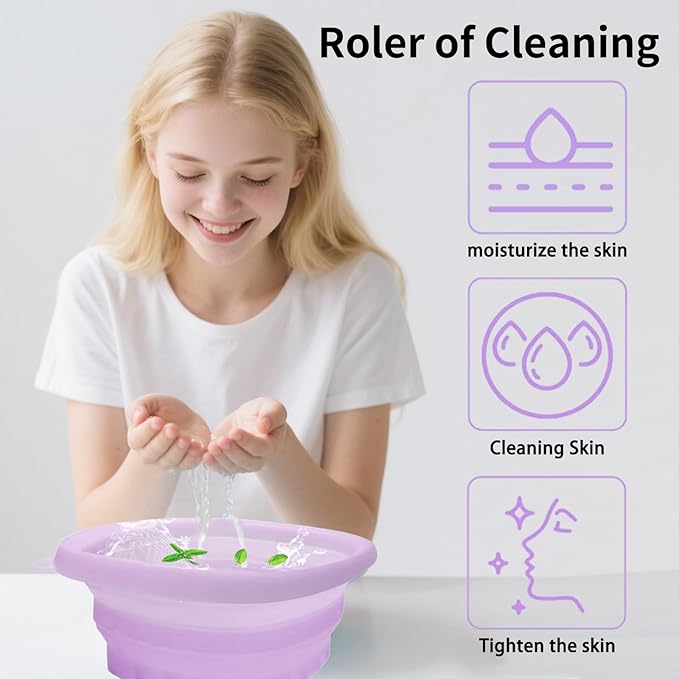 Face Bowl for Ice with Built-in IceTray,Collapsible Silicone Face Ice Bowl – Cold Plunge Therapy for Skin Tightening & Facial Treatment– Portable Spa Tool for Home & Travel（Purple)