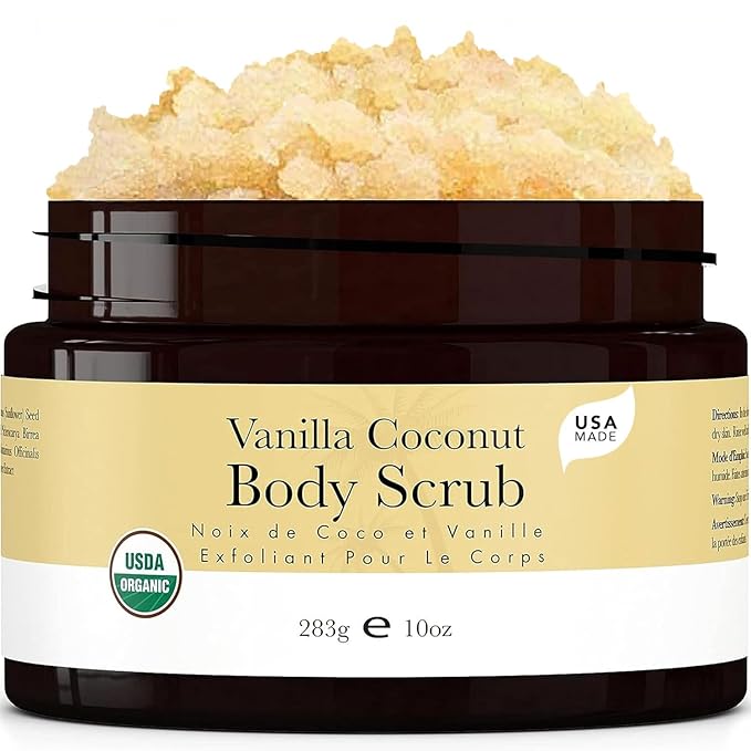 Organic Vanilla Coconut Body Scrub - USA Made Sugar Scrub with Natural Ingredients, Moisturizing Body & Foot Exfoliator for Dry and Sensitive Skin, Removes Dead Skin Cells & Reduces Ingrown Hair