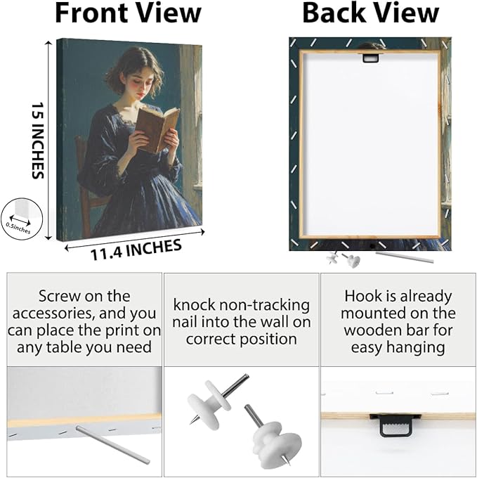 Classical Reading Woman Portrait Wall Art, Renaissance Style Vintage Oil Painting Canvas Framed Prints Decor, Retro Poster for Library Bedroom Book Shelf Living Room Entryway Aesthetic.