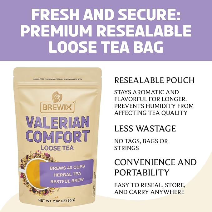 BREWIX, Valerian Comfort Tea for Sleep and Relaxation (40+ Cups, 2.82oz/80g) Caffeine-Free and Calming for Bedtime | Valerian Root, Chamomile & Lavender | Perfect Wellness Sleep
