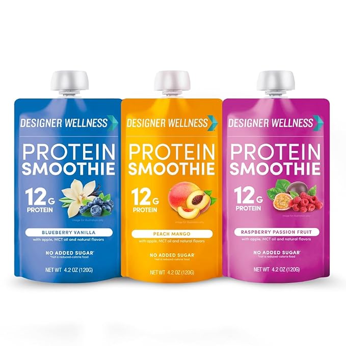 Designer Wellness Protein Smoothie, Real Fruit, 12g Protein, Low Carb, Zero Added Sugar, Gluten-Free, Non-GMO, No Artificial Colors or Flavors, Super Fruits Variety Pack, 12 Count