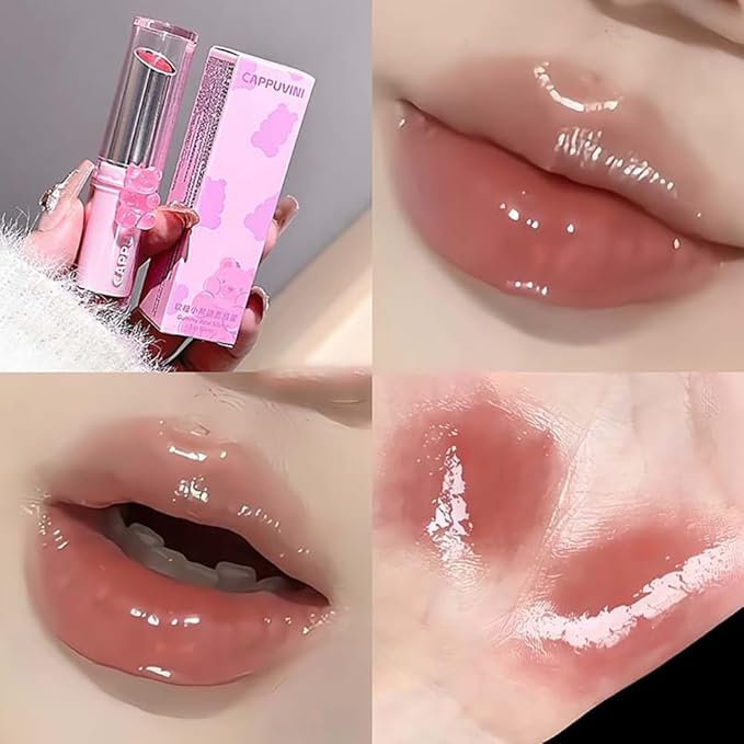 3 Pcs Cute Bear Glossy Lipstick Set, Moisturizing Smooth Sweet Tinted Lip Balm, Hydrating Non-Stick Cup Jelly Lipstick Gift Set, Lip Makeup for Girls (Light Pink, 3 PCS)