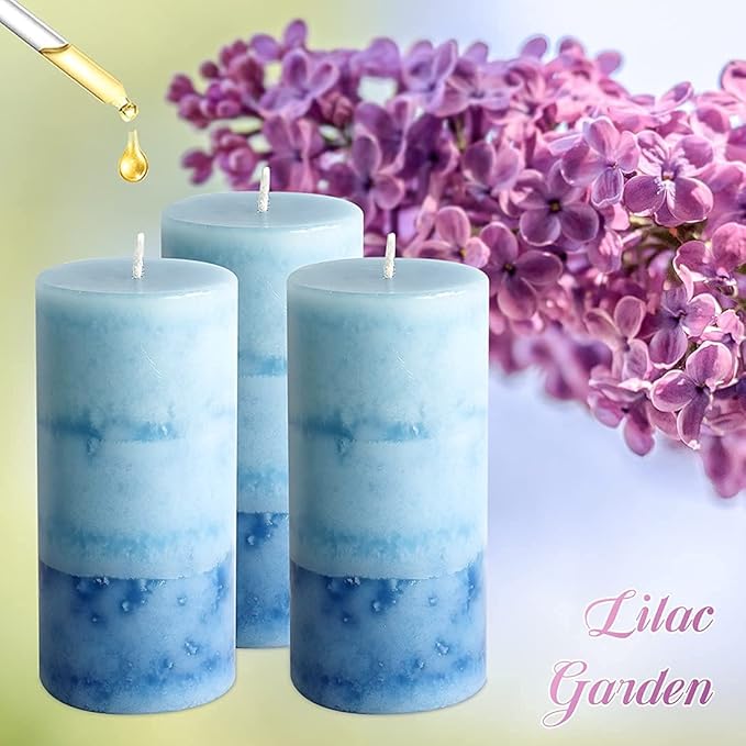 Lilac Scented Pillar Candles - 3 Pack Blue Layered 3x6 Inch Long-Lasting Clean Burning Decorative Candle for Home Decor and Bathroom Decorations