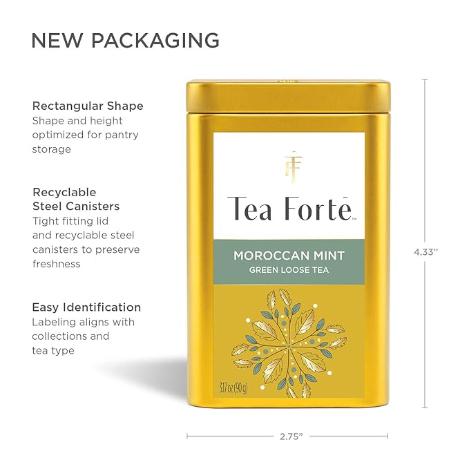 Tea Forte Moroccan Mint Premium Loose Leaf Caffeinated Green Tea Blend Canister, Makes 35-50 Servings