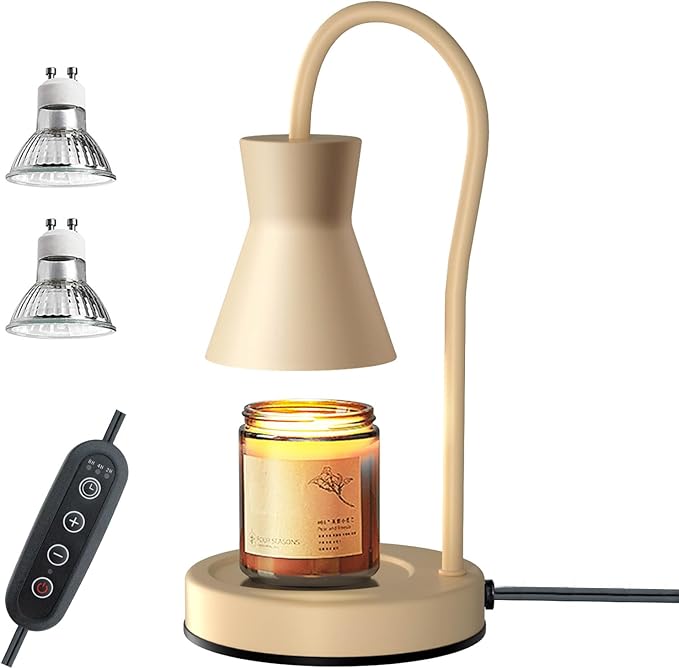 Candle Warmer Lamp with Timer and Dimmer, Vintage Electric Candle Melter with 2 Bulbs, Melter Scented Candle Height Adjustable Compatible with Jar Candles, House Warming Gifts (Beige)