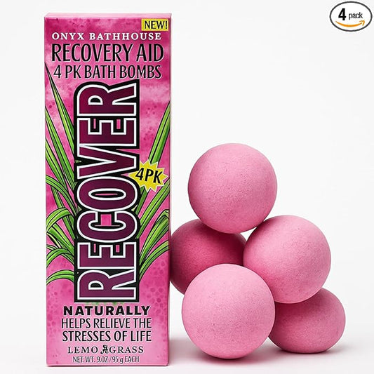 Recovery Aid Bath Bombs – Pink Lemongrass Scent, 4-Pack – Aromatherapy Self-Care Gift Set for Women – Natural Stress & PMS Relief, Moisturizing Epsom Salt Bath Fizzies by Onyx Bathhouse