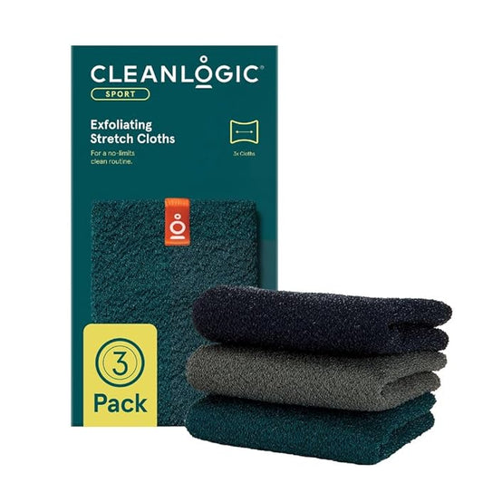 Cleanlogic Body Exfoliating Cloth, Stretchy Sport Exfoliator Bath and Shower Washcloths Ideal for Post-Workout Cleanse, Daily Skincare Tool, 3 Count Value Pack