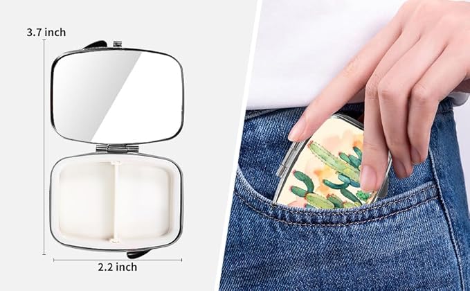 Dynippy Pill Case Pill Box with Mirror Retro Pocket 2 Compartment Medicine Case Vitamin Pill Organizer for Pocket Purse and Travel (Silver- Cactus Pattern)