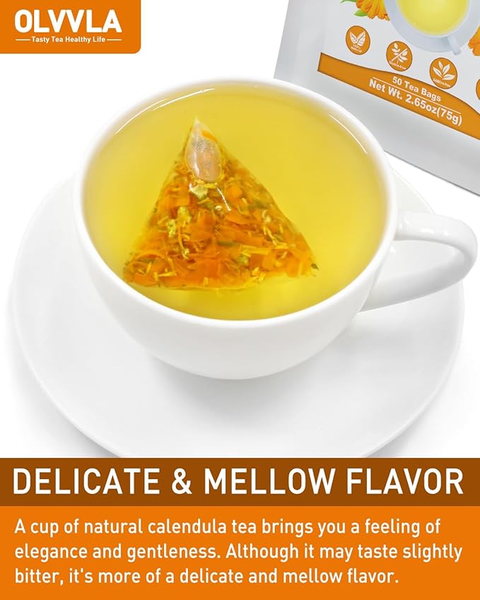 Olvvla - Natural Calendula Flowers Tea Bags - 1.5g X 50 Count - Premium Calendula Tea - Non-GMO - Caffeine-free - Dried Calendula Herbal Tea - Rich in Antioxidants & Promote Relaxation
