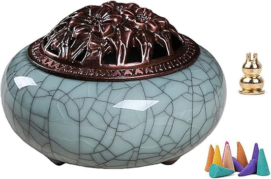 Ceramic Incense Burner Set with Brass Gourd Holder, Smudging Bowl for Incense Sticks, Cones, Sage, Frankincense & Palo Santo, Portable Ash Catcher for Home, Meditation, Yoga and Gift Giving (02)