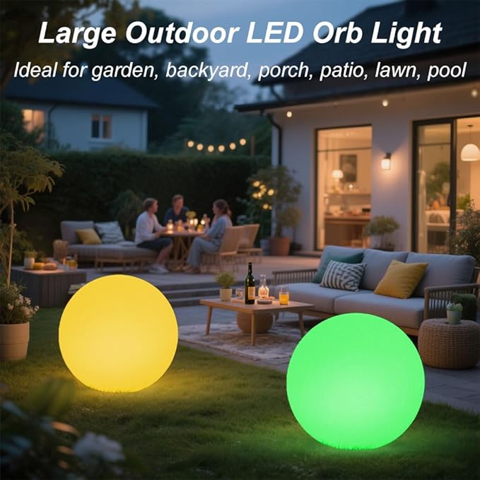 Large LED Glowing Ball Light, 20-in Outdoor LED Garden Orb Lights, Rechargeable Globe Lights RGB Color Changing Globe Floor Lamp Mood Lamp w/Remote, Waterproof Light Up Ball Light for Patio Lawn Decor