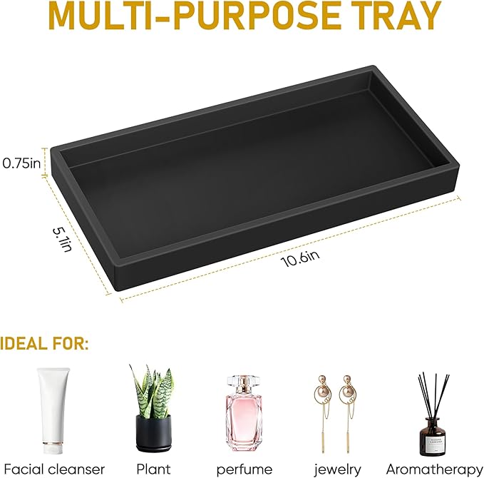 EG-SIPRO Silicone Bathroom Tray, Shatterproof, Black, Rectangular, 10.6 x 5.1 Inches