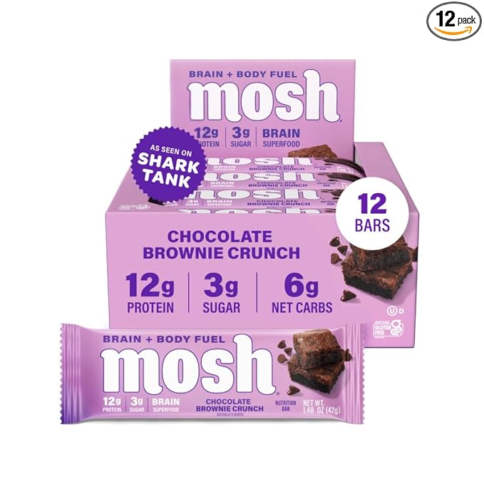 MOSH Chocolate Brownie Keto Protein Bars, High Fiber, Low Carb, Gluten Free, High Protein, Brain Healthy Snack, 12 Count