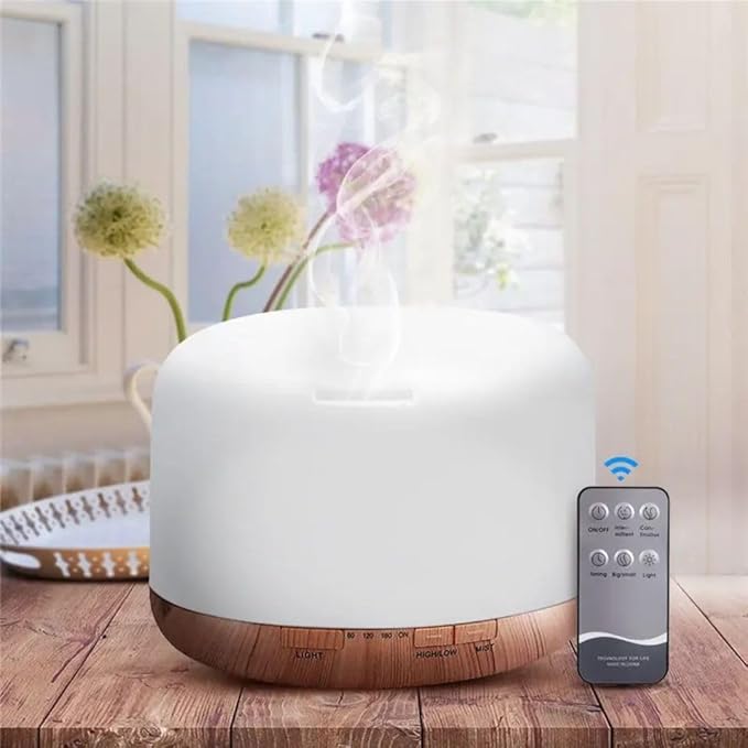 500ml Home/Office Aroma Diffuser with Multi-Color Lighting for Night Stand, Desk, Table, Essential & Fragrant Oil Vaporizer, Remote Control, Timer & Auto-Off Switch, Brown, Premium