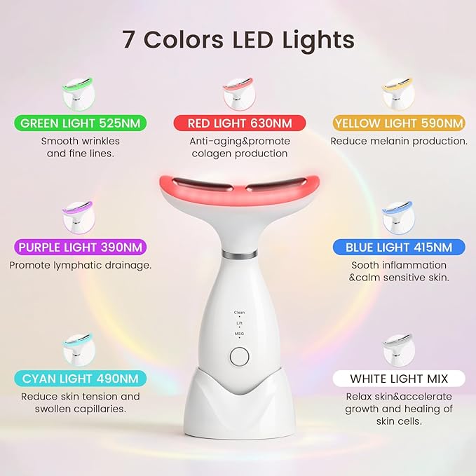 Facial and Neck Massager,7 Color LED Light Therapy for Face,Face Lift Device,Beauty Face Massager Tools for Skin Care (White)