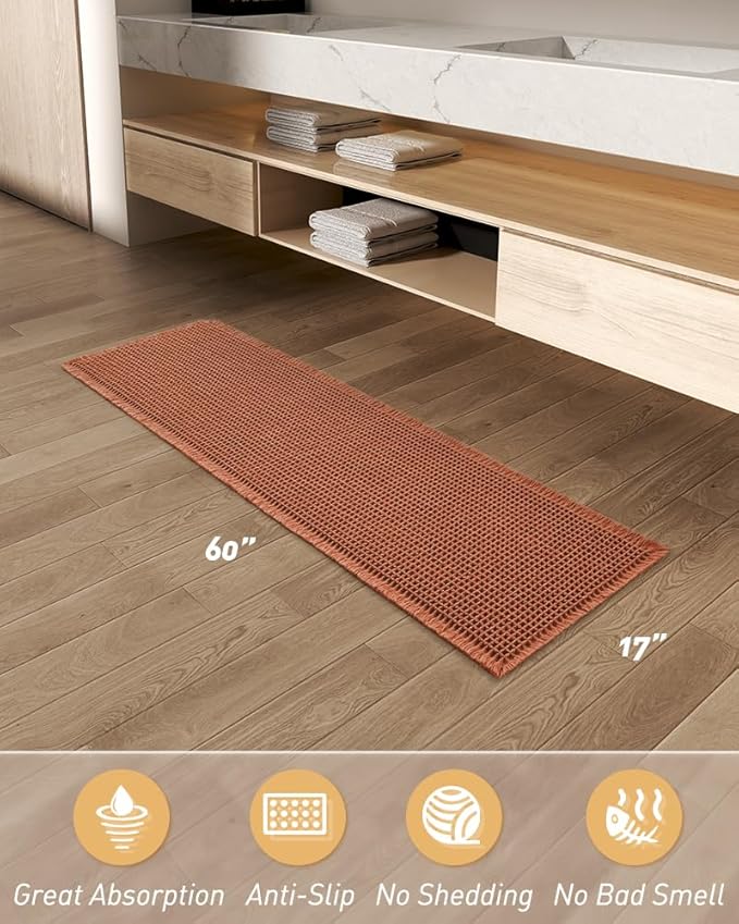 AMOAMI Upgraded Waffle Runner Rug Super Absorbent Non Slip Bath Mats for Bathroom Machine Washable Bathroom Runner Rug with Tassels, Ideal for Hallway Bedroom Laundry Room, Dirty Orange, 17" x 60"