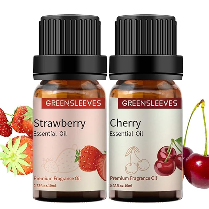 GREENSLEEVES Strawberry Cherry Essential Oil Set, 2 x 10ml Pure Plant-Based Fragrance Oil for Aromatherapy, Essential Oils for Diffuser, Massage, Bath Bomb, Scented Candle Soap Making