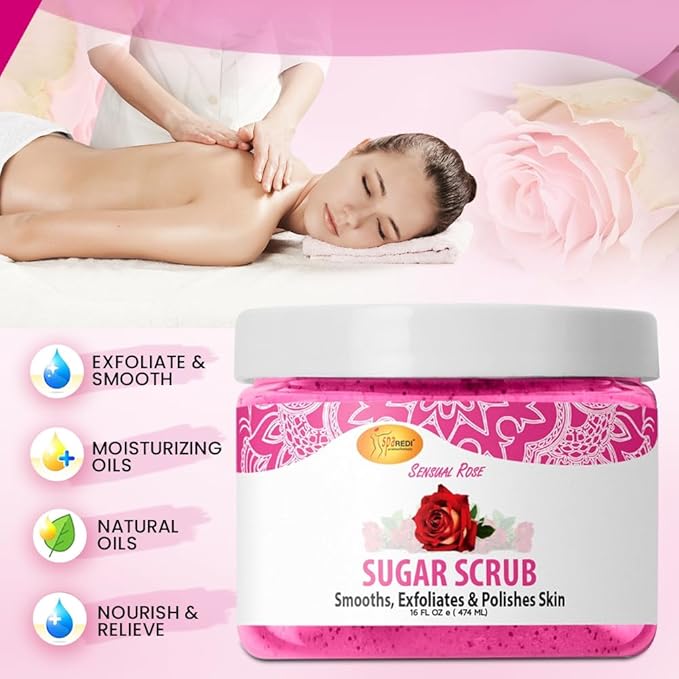 SPA REDI – Sugar Body Scrub, Sensual Rose, 16 Oz, Exfoliating, Moisturizing, Hydrating and Nourishing, Glow, Polish, Smooth and Fresh Skin - Body Exfoliator