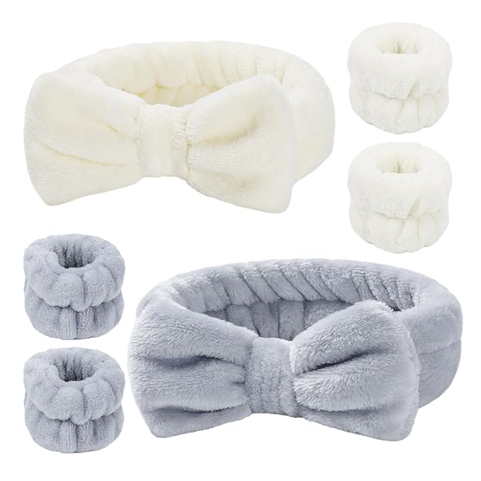 6 Pcs Spa Headband and Wristbands,Coral Fleece Makeup Cosmetic Headband for Washing Face, Bow Headbands for Shower Terry Cloth Headbands for Women Facial Hair Band