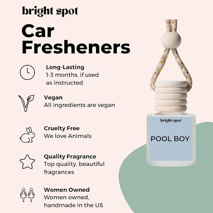 Bright Spot Pool Boy Car Air Freshener - Premium Car Hanging Oil Diffuser, Long-Lasting Fragrance up to 120 days for Auto & Home | Gourmand & Intoxicating | Coconut, Praline, Santal, Vanilla, 2 Pack