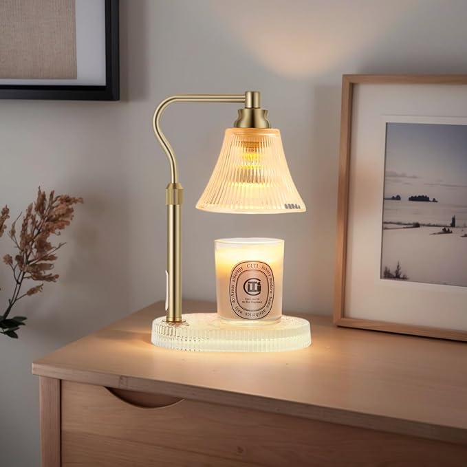 Lamp Candle Warmer for Jar Candles,Flower Candle Warmers Lamp with Timer Dimmer,Glass Base Adjustable Height Gold Electric Candle Lamps for Scented Wax Jar Candles,Glass Lampshade