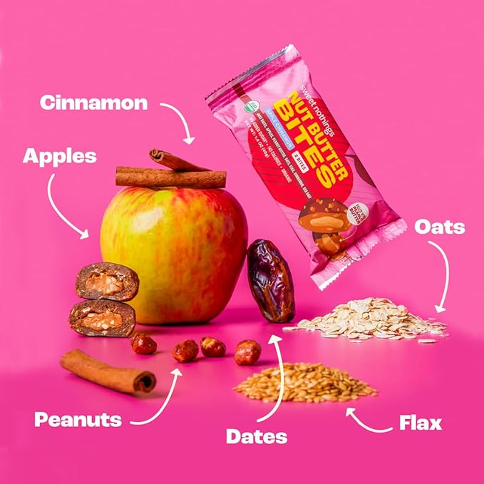 Sweet Nothings, Apple Cinnamon, USDA Organic Nut Butter Bites Protein Bar, Nut & Date Snack, Filled with Peanut Butter, 12-2 Bite Value Packs - No Added Sugar, Plant Based, Vegan, Only 7 Ingredients