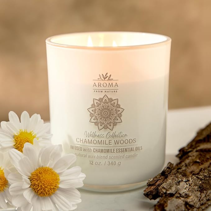Aroma from Nature Wellness Collection Candle, 12 oz, 2 Cotton Wicks, Chamomile Woods, Large Painted Jar