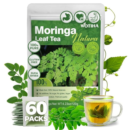 WOTIHA-Natural Moringa Leaf Tea 120g. 60 Herbal Tea Bags.100% Natural & Pure from Moringa Leaves，Non-GMO • Additive-Free • Caffeine-Free • Sugar-Free • Vegan