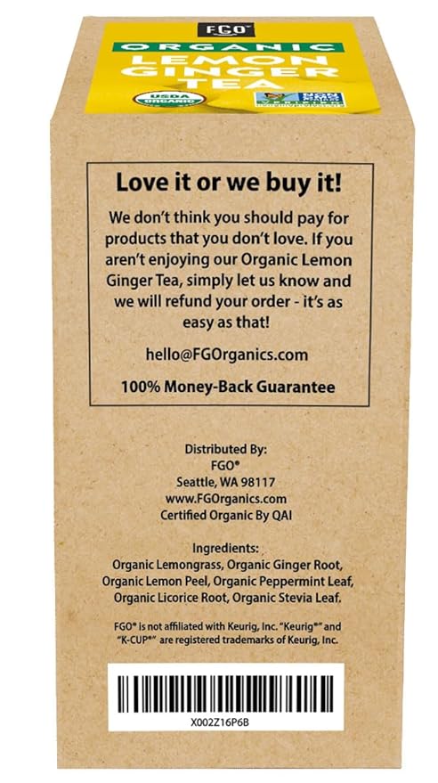 FGO Organic Premium Lemon Ginger Tea K-Cup Pods for Keurig, 24 Count (Pack of 1), Naturally Caffeine-Free Herbal Tea is USDA Organic, Non-GMO, & Recyclable