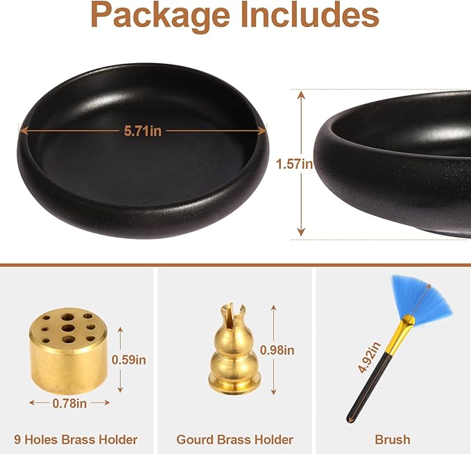 Incense Holder for Sticks, Sage, Coil Incense, Incense Stick Holder 5.71" for Yoga Meditation Energy Cleansing, Ceramic Incense Burner Holder with 9 Holes, Ash Catcher, Smudge Bowl (Black)