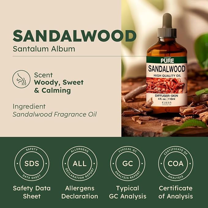 KUKKA Sandalwood Essential Oils - 4 Fl Oz - for Hair, Skin, Diffuser, Aromatherapy & DIY Soap Making Scent