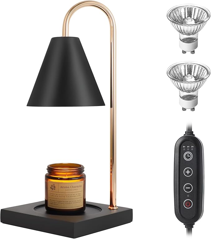 Dimmable Candle Warmer with Timer - Black Nightstand Lamp for Bedroom (2 Wax Warmer Bulbs)